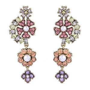 Pastel Crystal Flower Pearl Vintage Gold Dangle Statement Earrings
